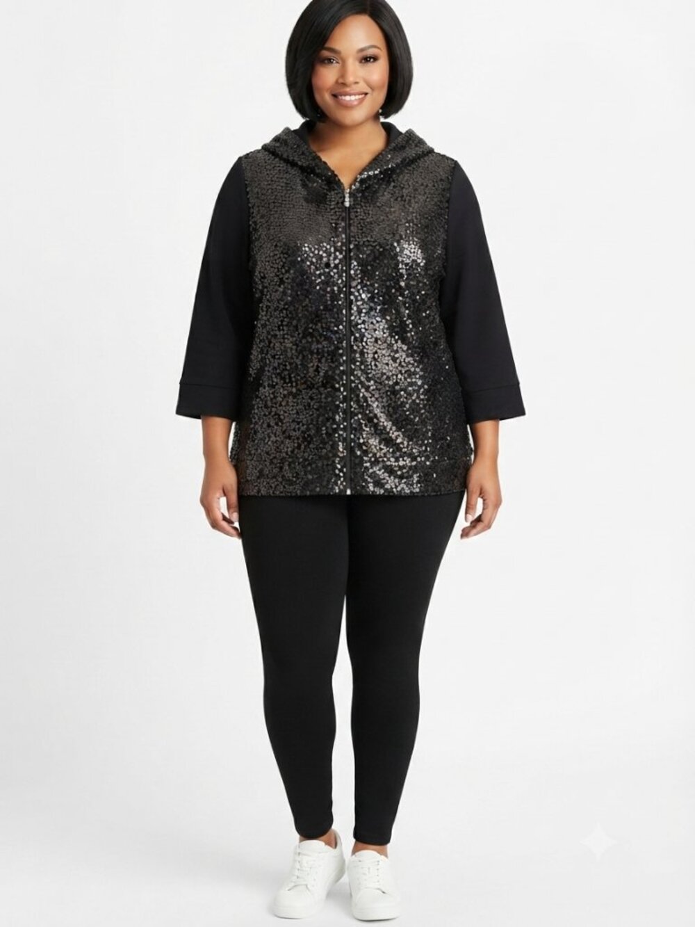 Quacker Factory Women's 3X Black Sequin Zip-Up Hoodie Jacket New Without Tags